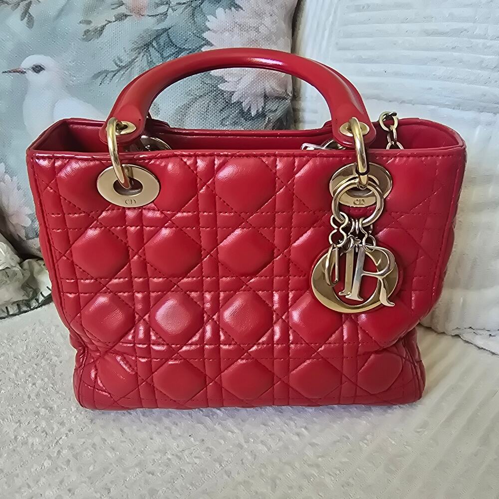Christian Dior Lady Dior Red Quilted Lambskin Cannage Leather with Gold Hardware